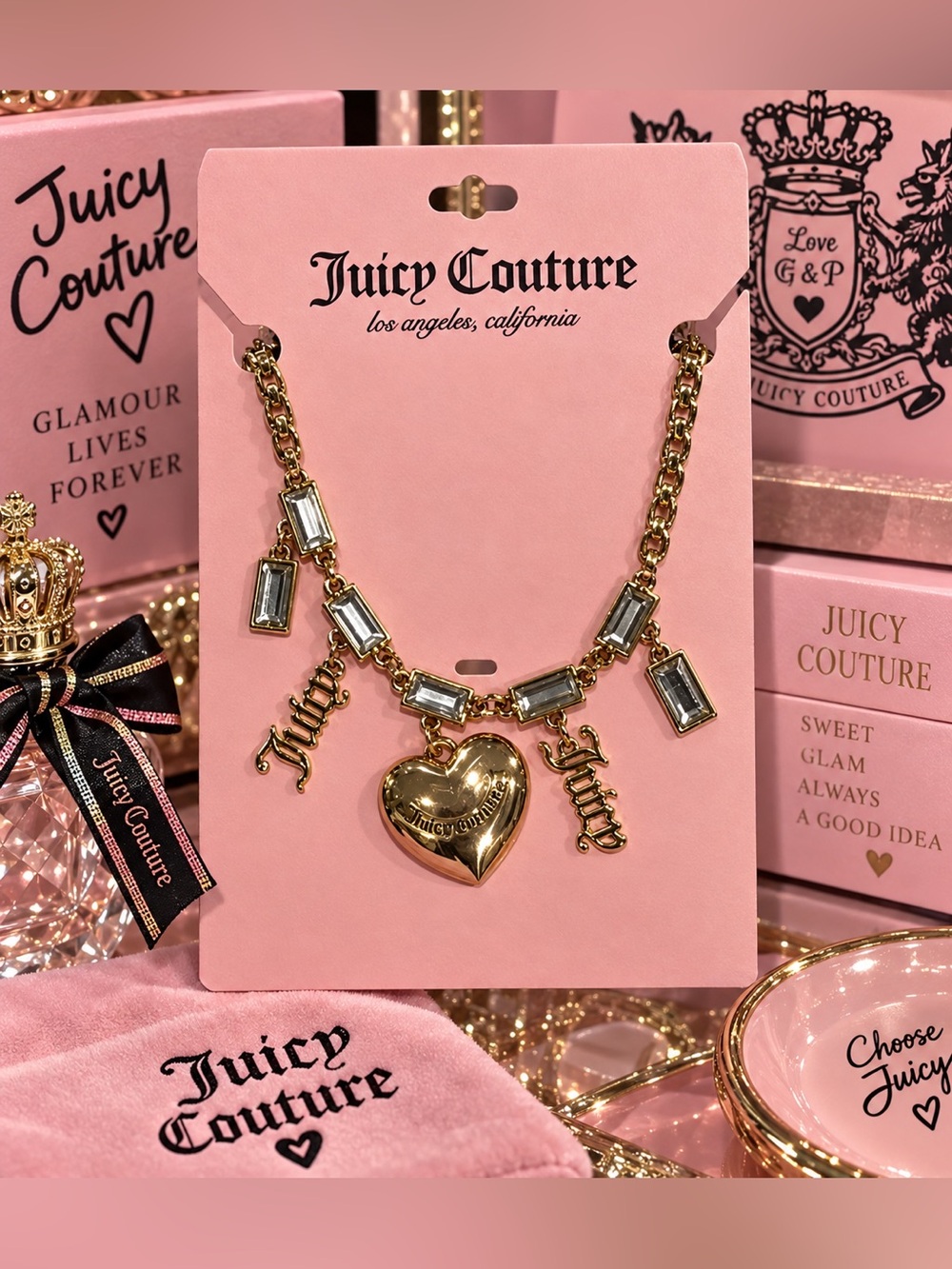 Juicy Couture Gold Heart Charm Necklace with Crystal Baguettes